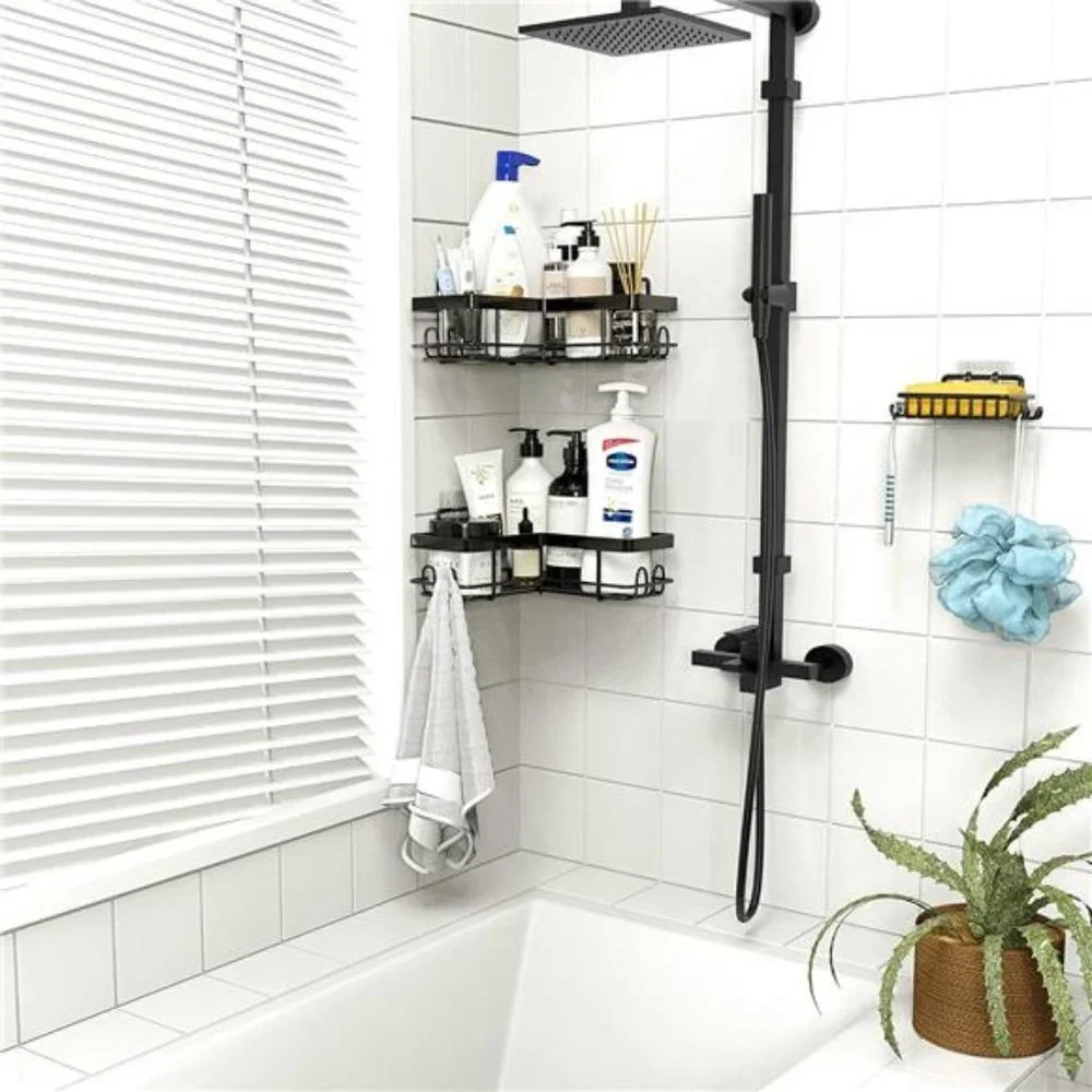 Adhesive Corner Shower Caddy, 3 Pack Organizer Shelf with Soap Holder & 12 Hooks